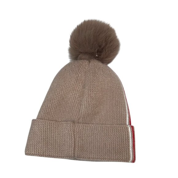 khaki red white stripe fur pom pom knit snow winter cap hat main image 4